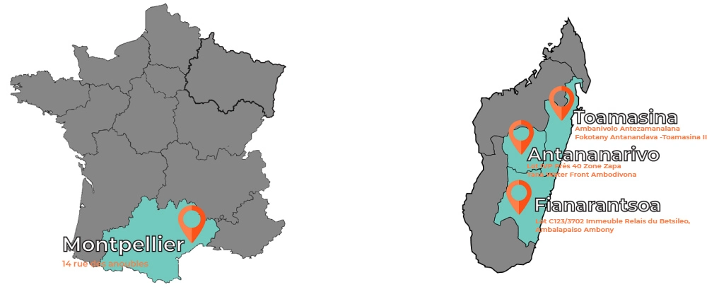 Les différentes implantations de SIDINA à Madagascar et à Montpellier, soutenant nos activités informatiques mondiales.