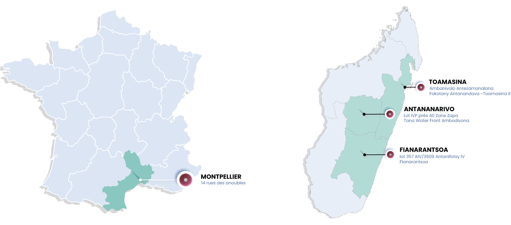 Les différentes implantations de SIDINA à Madagascar et à Montpellier, soutenant nos activités informatiques mondiales.