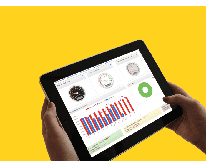 Une tablette affichant un tableau de bord d'analyse de données.